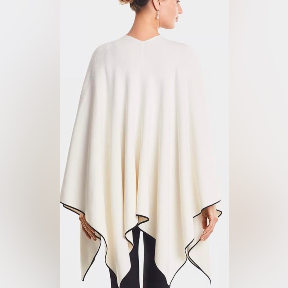 MM LAFLEUR Angelou Shawl Contrast Ivory Poncho with Black Trim NWT - Picture 7 of 9
